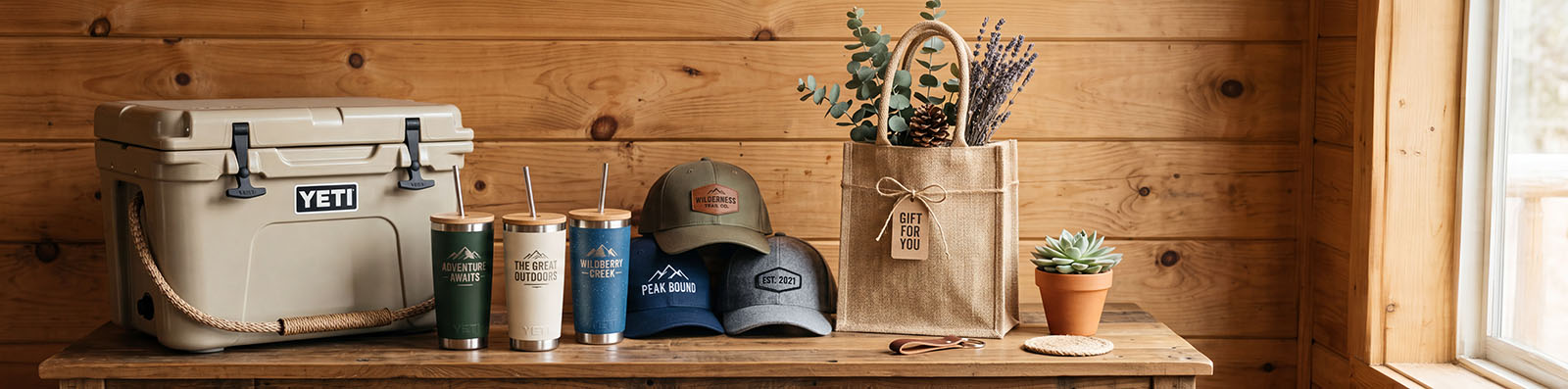Outdoor adventurer gift display with cooler tumblers and ball caps.