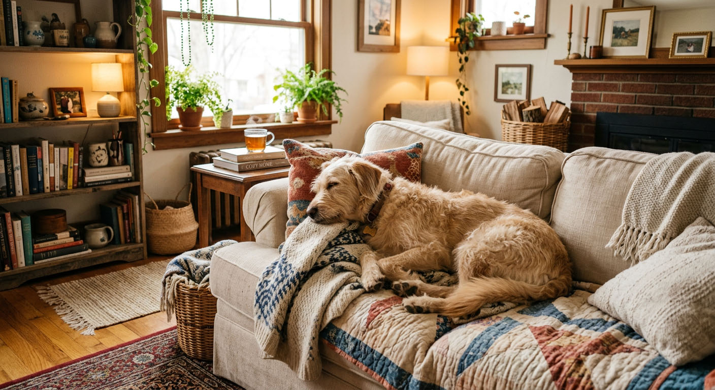 Home Goods hero cozy living room scene with lounging pup.