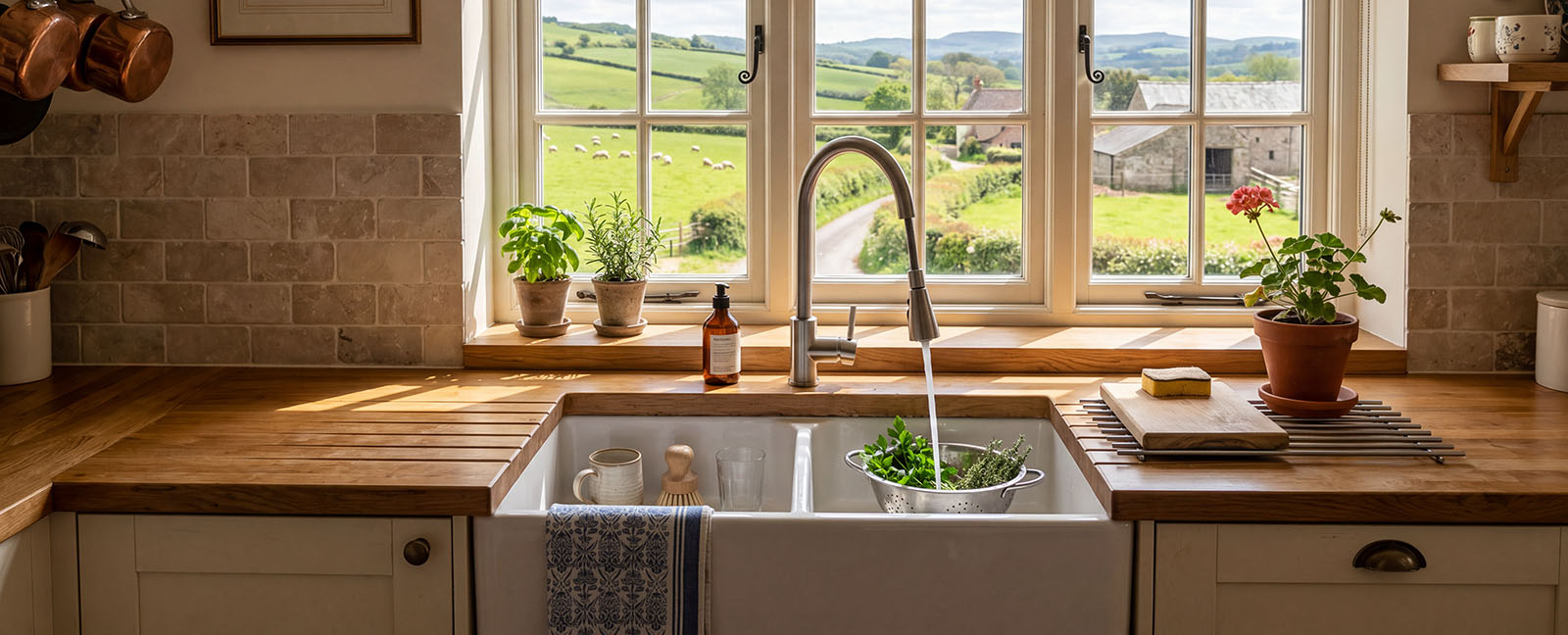 Kitchen sink scene with window looking out over a pastoral scene