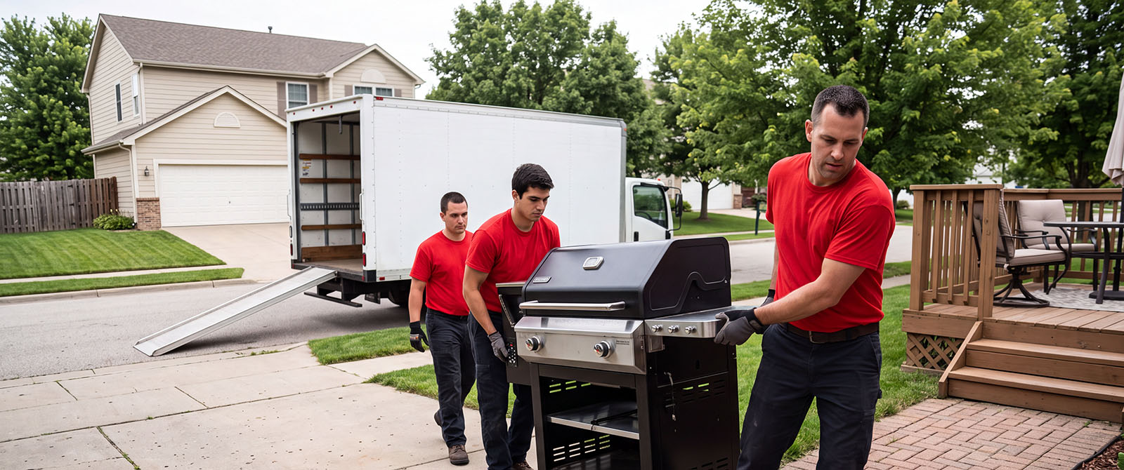 Three employees deliver a new grill.