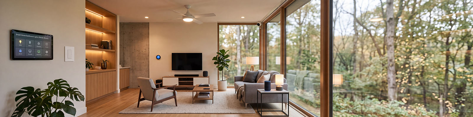 A modern room with Smart Home solutions and a wall of windows to view the forest.